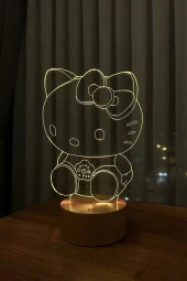 BY-LAMP Hello Kitty Figürlü Dekoratif Hediye Led Masa Lambası | 7 Işık Rengi | Ahşap Taban - 3