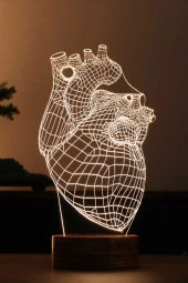 BY-LAMP Canlı Kalp Figürlü Dekoratif Hediye Led Masa Lambası | 7 Işık Rengi | Ahşap Taban thumbnail 1