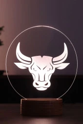 BY-LAMP Boğa Figürlü Dekoratif Hediye Led Masa Lambası | 7 Işık Rengi | Ahşap Taban thumbnail 1