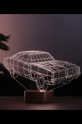 BY-LAMP Dodge Charger 1968 Figürlü Dekoratif Hediye Led Masa Lambası | 7 Işık Rengi | Ahşap Taban thumbnail 1