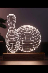 BY-LAMP Bowling Figürlü Dekoratif Hediye Led Masa Lambası | Günışığı Renk | Ahşap Taban - 1