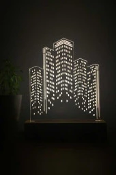 BY-LAMP Mimari Çalışma Figürlü Dekoratif Hediye Led Masa Lambası | Günışığı Renk | Ahşap Taban thumbnail 1