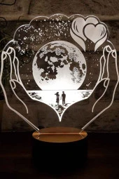 BY-LAMP Aşk Ellerindeki Gezegen Figürlü Dekoratif Hediye Led Masa Lambası | 7 Işık Rengi | Ahşap Taban thumbnail 1