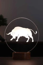BY-LAMP Boğa Figürlü Dekoratif Hediye Led Masa Lambası | 7 Işık Rengi | Ahşap Taban - 1