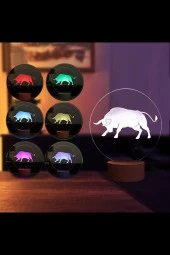 BY-LAMP Boğa Figürlü Dekoratif Hediye Led Masa Lambası | 7 Işık Rengi | Ahşap Taban - 2