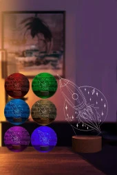 BY-LAMP Roket Figürlü Dekoratif Hediye Led Masa Lambası | 7 Işık Rengi | Ahşap Taban - 2