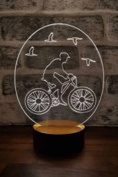 BY-LAMP Bisiklet & Kuş Figürlü Dekoratif Hediye Led Masa Lambası | 7 Işık Rengi | Ahşap Taban thumbnail 1