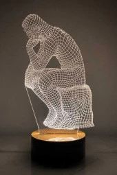 BY-LAMP Düşünen Adam Figürlü Dekoratif Hediye Led Masa Lambası | 7 Işık Rengi | Ahşap Taban thumbnail 1
