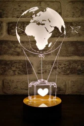 BY-LAMP Seyahat Balonu Figürlü Dekoratif Hediye Led Masa Lambası | 7 Işık Rengi | Ahşap Taban - 1