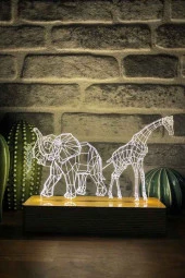 BY-LAMP Fil Ve Zürafa Figürlü Dekoratif Hediye Led Masa Lambası | Günışığı Renk | Ahşap Taban thumbnail 1