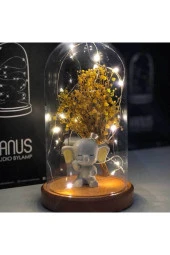 BY-LAMP Işıklı Fanus Sarı Kulak Fil Ve Çiçek Figürlü Lamba Yeni Yıl Hediyesi Ahşap Taban thumbnail 1