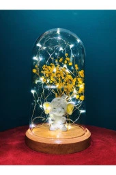 BY-LAMP Işıklı Fanus Sarı Kulak Fil Ve Çiçek Figürlü Lamba Yeni Yıl Hediyesi Ahşap Taban thumbnail 3