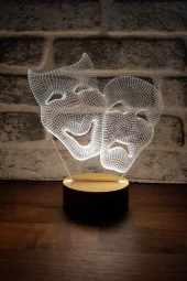BY-LAMP Tiyatro Maskesi Figürlü Dekoratif Hediye Led Masa Lambası | 7 Işık Rengi | Ahşap Taban - 1