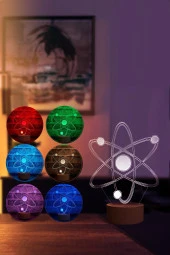 BY-LAMP Atom Figürlü Dekoratif Hediye Led Masa Lambası | 7 Işık Rengi | Ahşap Taban thumbnail 2