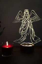 BY-LAMP Anneler Günü Hediyesi. Kanatlı Melek Figürlü Led Masa Lambası - Ahşap Taban thumbnail 1