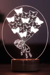 BY-LAMP Kelebekli Kız Figürlü Led Masa Lambası | 7 Işık Rengi | Ahşap Taban - 1