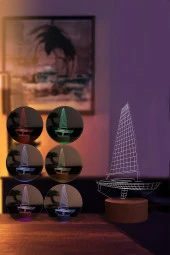 BY-LAMP Yelkenli Figürlü Dekoratif Hediye Led Masa Lambası | 7 Işık Rengi | Ahşap Taban - 2