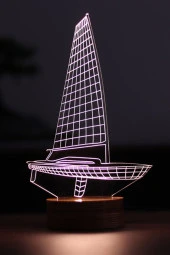 BY-LAMP Yelkenli Figürlü Dekoratif Hediye Led Masa Lambası | 7 Işık Rengi | Ahşap Taban - 1