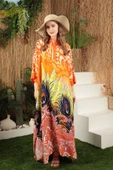 Emprime Tüy Desenli Geniş ve Uzun Kollu Bol Kalıplı Hakim Yaka Viskon Kumaşlı Elbise Oranj YazBahar - 4