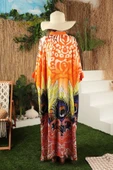 Emprime Tüy Desenli Geniş ve Uzun Kollu Bol Kalıplı Hakim Yaka Viskon Kumaşlı Elbise Oranj YazBahar - 1
