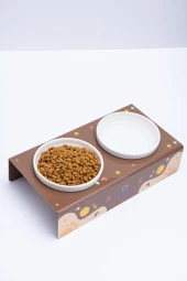 Petmagic Akrilik Pleksi Evcil Hayvan Beyaz Seramik Kaseli Kedi Mini Köpek Mama Su Kabı - Kahve Cat - 2