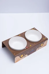 Petmagic Akrilik Pleksi Evcil Hayvan Beyaz Seramik Kaseli Kedi Mini Köpek Mama Su Kabı - Kahve Cat - 3