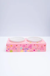 Petmagic Akrilik Pleksi Evcil Hayvan Beyaz Seramik Kaseli Kedi Mini Köpek Mama Su Kabı- Pembe Ayıcık - 1