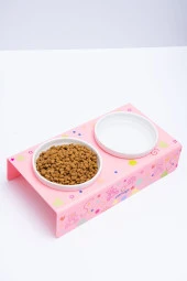 Petmagic Akrilik Pleksi Evcil Hayvan Beyaz Seramik Kaseli Kedi Mini Köpek Mama Su Kabı- Pembe Ayıcık - 2