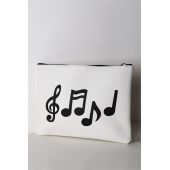 Kadın Vegan Deri Clutch Fermuarlı Beyaz Nota Figürlü Baskılı Omuz Çantası - 3