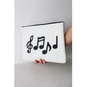 Kadın Vegan Deri Clutch Fermuarlı Beyaz Nota Figürlü Baskılı Omuz Çantası - 4