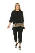 Melsay Butik Siyah Leopar Şeritli Büyük Beden Kadın Kapri Takımı - 2