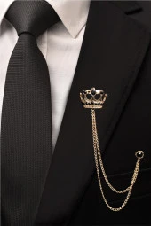 Esgue Gold Siyah Taşlı Kral Tacı Zincirli Ceket Yaka İğnesi - 1