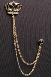 Esgue Gold Siyah Taşlı Kral Tacı Zincirli Ceket Yaka İğnesi - 2