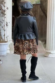 Kız Çocuk Taş İşlemeli Fırfırlı Siyah Deri Ceket Leopar Desenli Elbise - 3
