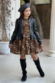 Kız Çocuk Taş İşlemeli Fırfırlı Siyah Deri Ceket Leopar Desenli Elbise - 1
