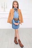 Kız Çocuk Leopar Desenli Fiyonk Detaylı Kot Gömlek Kahverengi Blazer Ceket Etekli Takım - 3