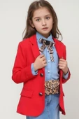 Kız Çocuk Leopar Desenli Fiyonk Detaylı Kot Gömlek Kırmızı Blazer Ceket Etekli Takım - 2