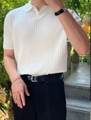 Beyaz Erkek Fitilli Polo Yaka Triko T-Shirt - 1