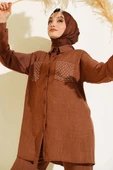 Cepleri Taşlı Keten Takım Kahve - 2