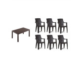 Almina Rattan Masa Takımı 90X150 Camsız Rattan Masa 6 Adet Gold Sandalye Kahverengi Masa Seti - 1