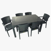 Almina Premium Rattan Masa Takımı 80X140 Camlı Rattan Masa 6 Adet Rattan Koltuk Seti Antrasit - 1