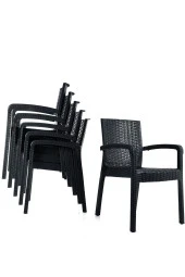 Almina İtaly Rattan Masa Takımı 90x150 Camlı Rattan Masa 6 Adet Rattan Koltuk Seti Antrasit - 6