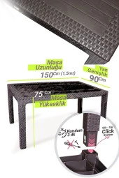 Almina İtaly Rattan Masa Takımı 90x150 Camlı Rattan Masa 6 Adet Rattan Koltuk Seti Antrasit - 7