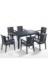 Almina İtaly Rattan Masa Takımı 90x150 Camlı Rattan Masa 6 Adet Rattan Koltuk Seti Antrasit - 1