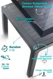 Almina İtaly Rattan Masa Takımı 90x150 Camlı Rattan Masa 6 Adet Rattan Koltuk Seti Antrasit - 2