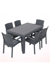 Premium Rattan Masa Takımı 80X140Cm 6Lı Camlı Bahçe Mutfak Masa Takımı Antrasit - 1