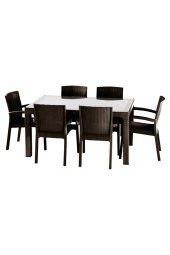 Premium Rattan Masa Takımı 80X140 Camlı Rattan Masa 6 Kişilik Sandalye Masa Takımı Kahve - 1