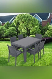 Premium Rattan Masa Takımı 90X150 6Lı Camlı Bahçe Mutfak Masa Takımı Antrasit - 1