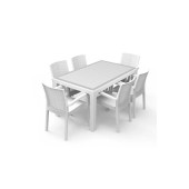 Premium Rattan Masa Takımı 80X140 Rattan Camlı Masa 6 Kişilik Sandalye Bahçe Mutfak Masa Takımı Beyaz - 1