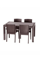 Premium Rattan Masa Takımı 80X140 4Lü Camlı Bahçe Mobilyası Oturma Grubu Kahve - 1
